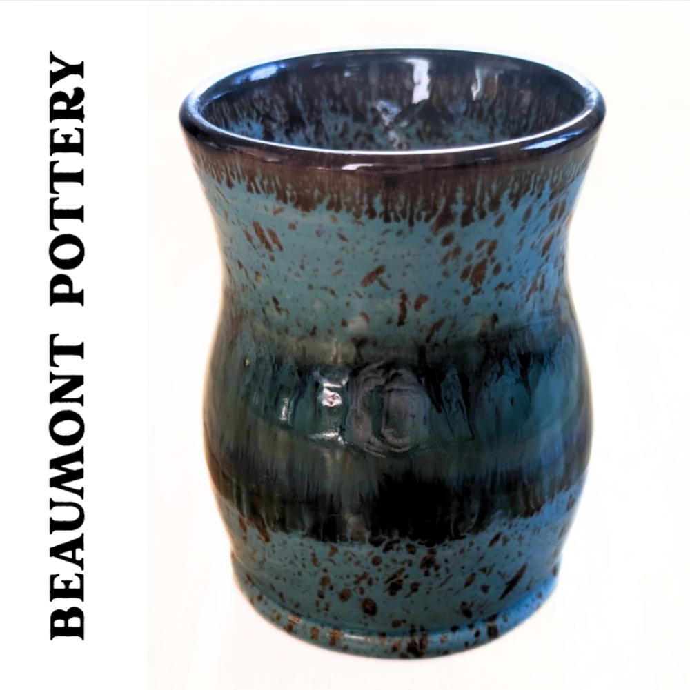 Hand Crafted Beaumont Pottery Curved Cup Blue Brown Glazed 14.5 oz